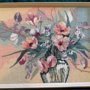 Vintage 80s Floral Needlepoint Wall Art in Peach, Pink & Sage